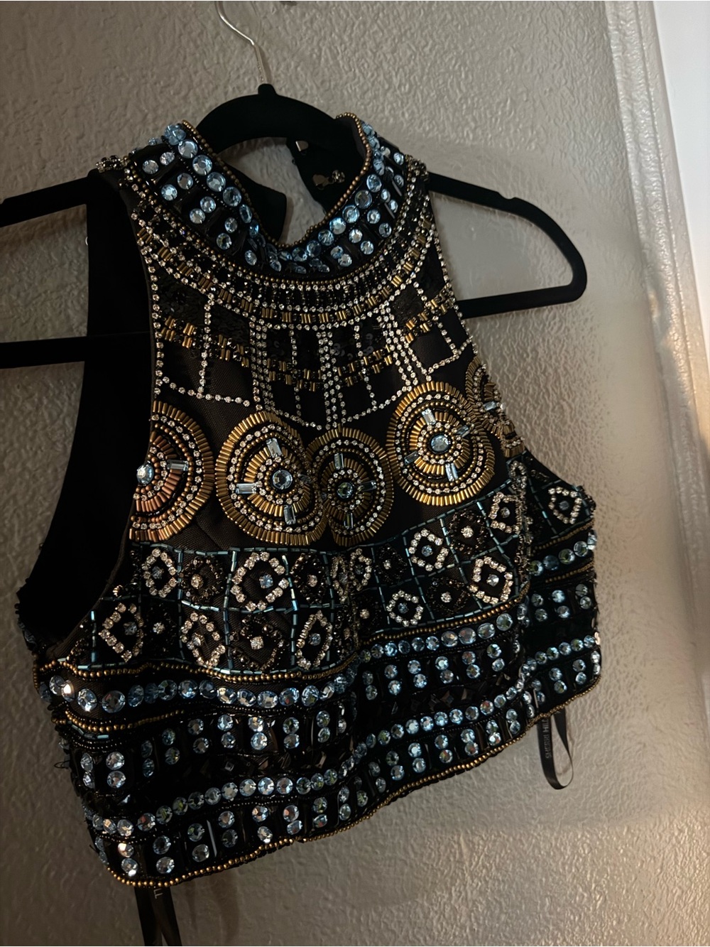 Sherri Hill Black Crop Top with Gold and Silver Embellishment